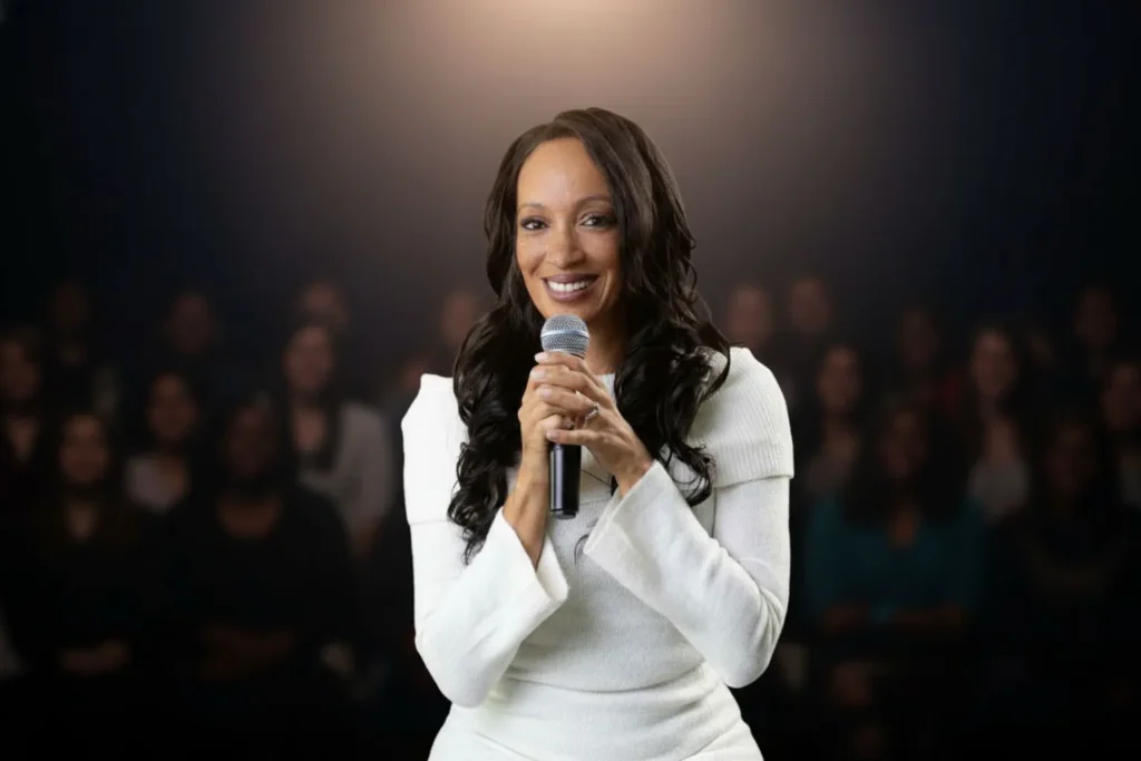 Michele standing with a microphone